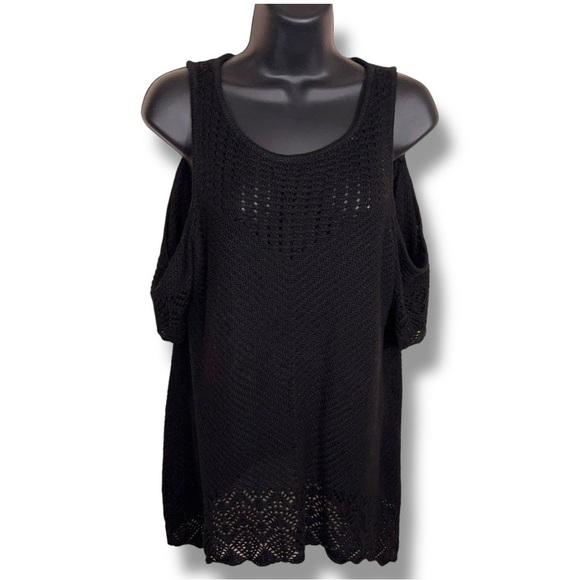 LC Lauren Conrad Large Black Knit Top Cold Shoulder Style Open Knit Short Sleeve - Picture 1 of 13